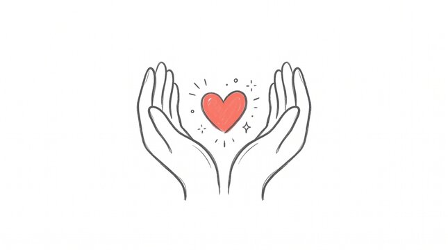 Hands cupping a red heart vector illustration. Hand-drawn sketch style showing caring gesture with glowing sparkles. Minimalist outline art for charity and healthcare concepts