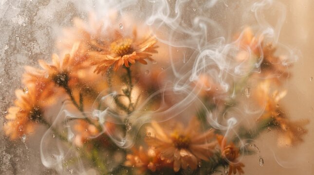 Orange aster flowers with steamy glass effect for autumn decor and