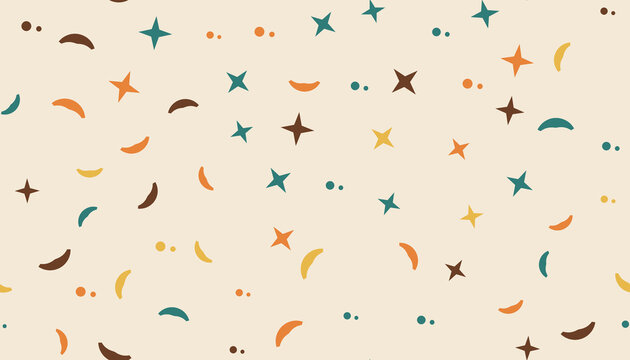 Seamless atomic 50s pattern with boomerangs starbursts and dots