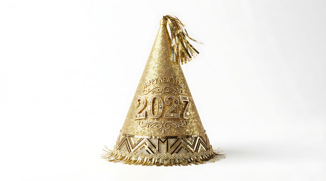 Party hat decorated with gold glitter and sequins features the year number twenty twenty seven embossed on the side against a white background.