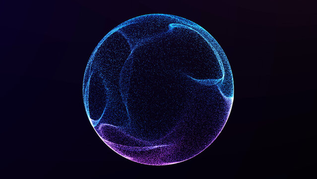Blue and purple particle sphere with luminous curved contours and a translucent shell on a dark background. Abstract 3D technology design.
