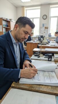 Logistics Agent Signing Official Cargo Clearance Documents at Desk