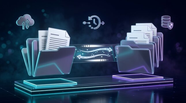 File synchronization and cloud data migration process illustrated with holographic folders and animated flow icons on digital platform for secure enterprise storage and information management