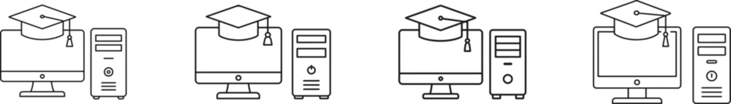 Desktop computer with graduation cap symbolizing online education, e-learning, digital study and academic success.