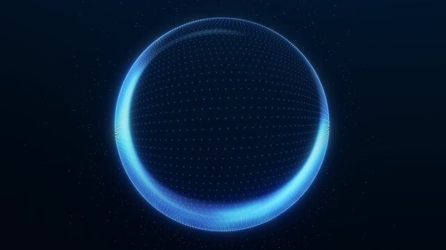 Blue digital sphere with a glowing dot grid and flowing cyan light waves on a dark background. Futuristic 3D loop.