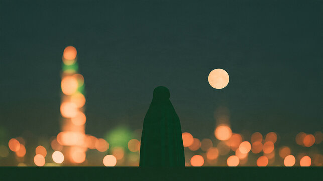 Muslim Woman Silhouette Looking at Medina City Lights Under the Moon