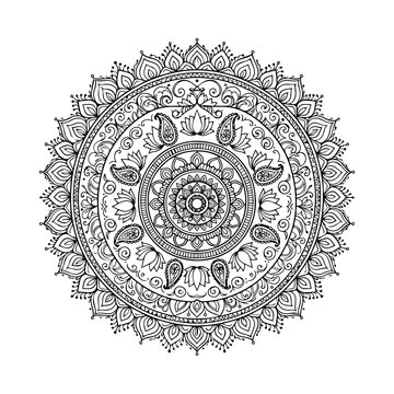 Intricate paisley mandala with lotus flowers, circular ethnic pattern for meditation, black and white henna style coloring page design
