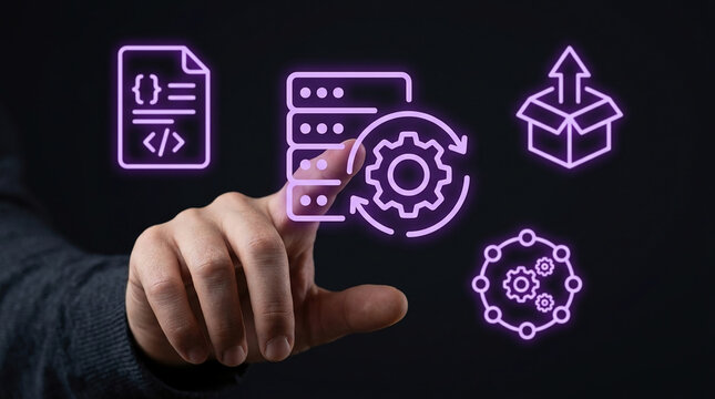 Professional Man Hand Touching Virtual DevOps Software Development Lifecycle Icons Including Server Infrastructure and Coding Management Interface.