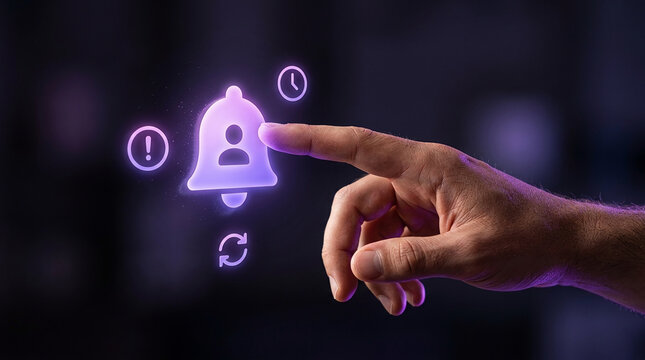Human hand touching a glowing digital bell notification icon for smart alerts and subscriptions in a futuristic dark background concept.