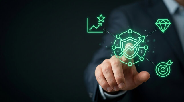 Digital risk management and data protection concept with businessman interacting with green glowing interface icons for financial success.