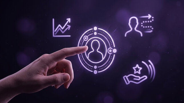 Businessman Hand Touching Digital Interface for Customer Relationship Management and Target Audience Marketing Strategy on Purple Background