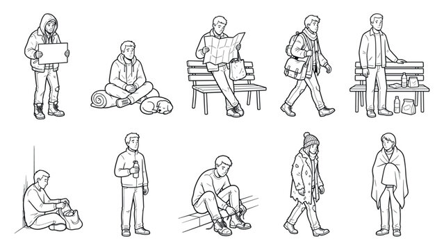 Homeless people collection of various poor characters on the street.