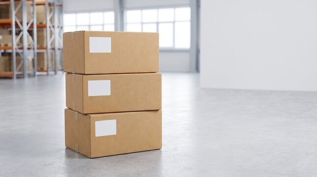 Stack of cardboard boxes with white labels in a bright warehouse interior with copy space for logistics and shipping