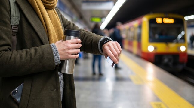 Hands of commuter holding steel thermos and ticket while checking smartwatch on train platform