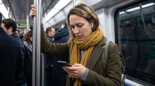Attentive woman in mustard scarf checking smartphone while holding pole on crowded subway train