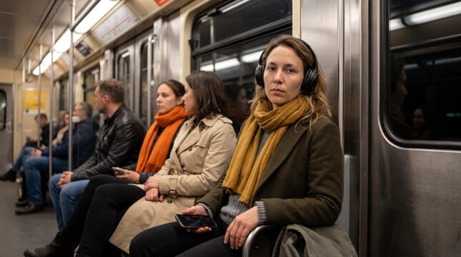 Composed woman wearing headphones seated in subway car 