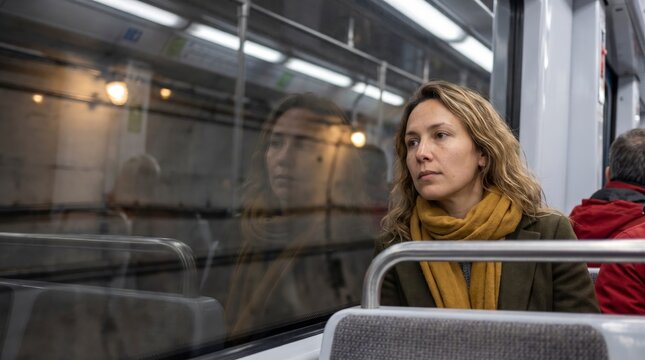 Pensive woman in mustard scarf gazing out train window with reflection on glass