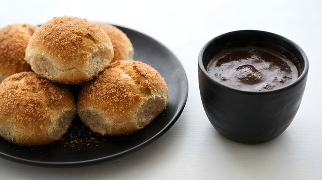 Philippine light breakfast set, tsokolate (hot chocolate) with pandesal or salted breads on black simple plate against white background
