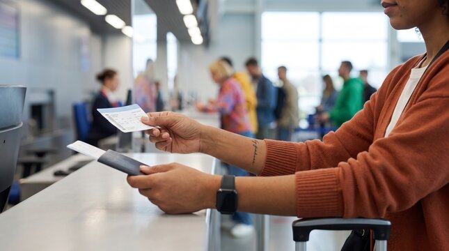 Traveler handing boarding pass and passport across airport counter at departure