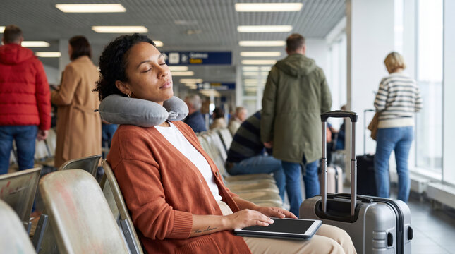 Weary traveler resting with neck pillow and tablet in crowded airport waiting area