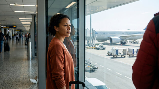 Contemplative woman gazing through terminal window at parked airplane on airport apron