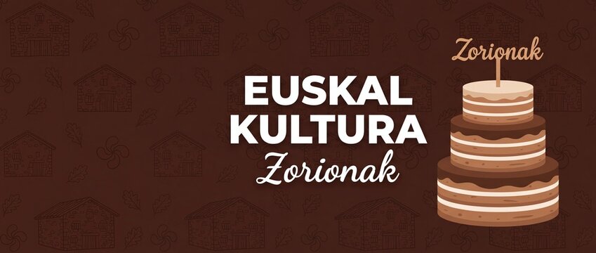 Basque Birthday Cake Zorionak Banner background vector for Euskal Kultura celebration, featuring layered chocolate cake with Zorionak topper, traditional baserri house pattern, and oak leaf icons.