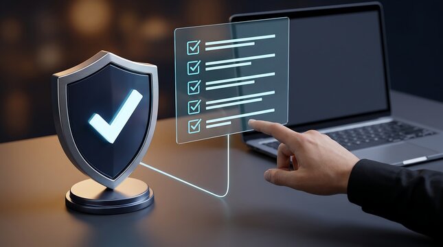 Conceptual digital security shield with check mark icon next to glowing checklist interface on laptop screen representing cybersecurity compliance and data protection in office
