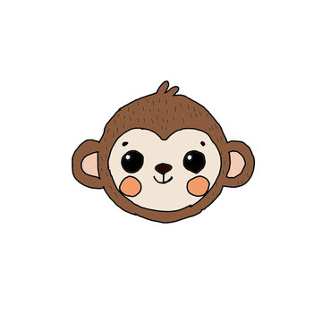Cute hand drawn brown monkey face with orange cheeks on white background