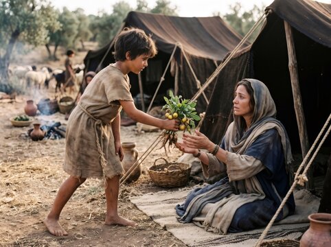 Reuben bringing mandrakes to Leah in ancient setting
