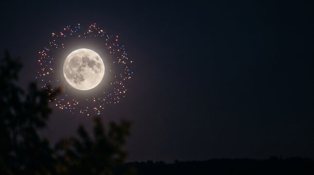 Full moon glowing in the night sky with a ring of sparkling stars.