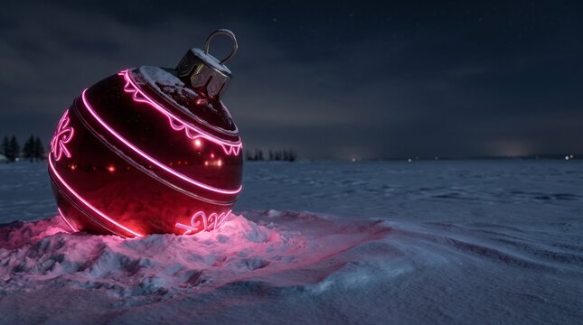 Large glowing red Christmas ornament sitting on a snowy field at night.