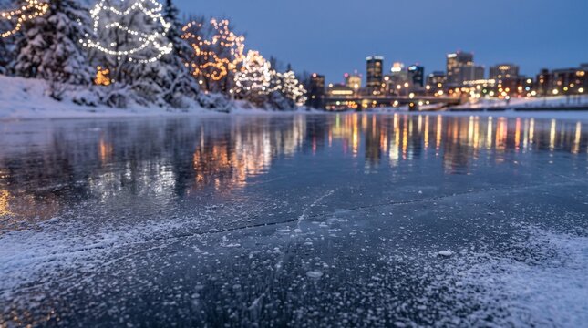 Scenic winter city skyline view across a frozen river with festive holiday lights at twilight.