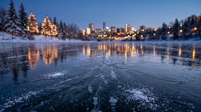Scenic view of a frozen river with the city skyline illuminated at twilight in winter.