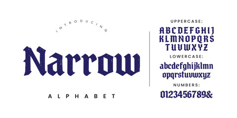 Narrow alphabet gothic typography design set for vintage branding and retro poster projects © Kiki