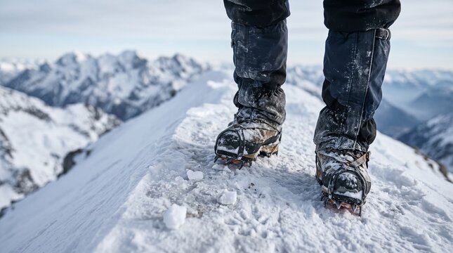 Close up of mountaineer boots standing on a snowy mountain ridge in winter.