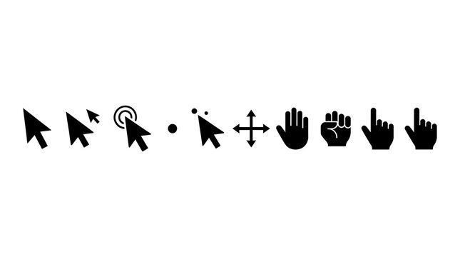 Collection of black and white cursor and hand icons representing interaction and control concepts