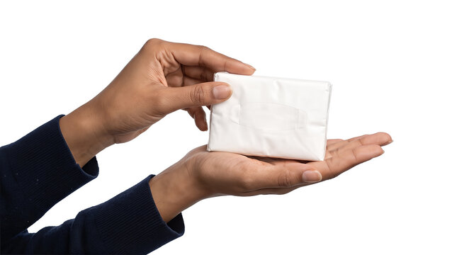Pack in smooth white paper wrap with a stitched oval flap resting on an open palm held by hands in navy knit sleeves as an isolated PNG on a transparent background