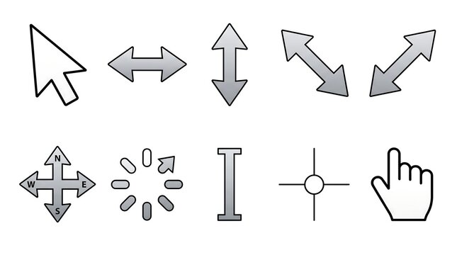Collection of hand drawn computer cursor icons representing common actions and navigation tools