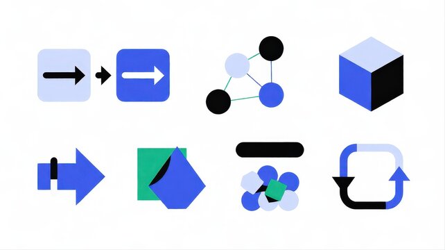 Collection of Flat Design Symbols Representing Direction, Connection, Geometry, and Process Visuals