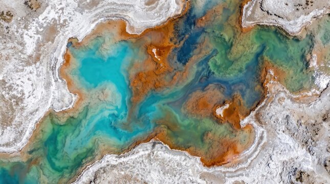 High-angle aerial drone view looking straight down at colorful geothermal hot spring pools featuring vibrant turquoise, green, and rust-orange mineral deposits surrounded by white mineral cr