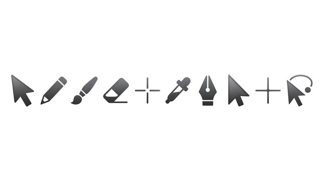 Collection of various computer cursors and pointing devices in a simple black and white design