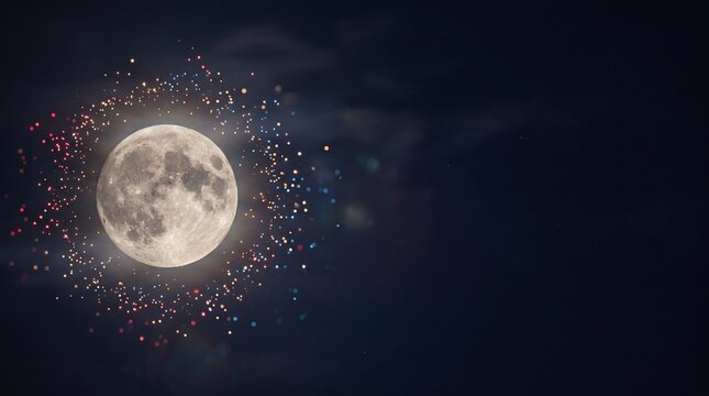 Full moon glowing in the night sky surrounded by abstract sparkling particles.