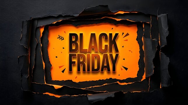 Black friday sale sign with burning paper edges and glowing fire light effect on a dark background for retail shopping promotions and seasonal discount advertising events