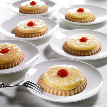 Pineapple tartlets topped with papaya balls on plates