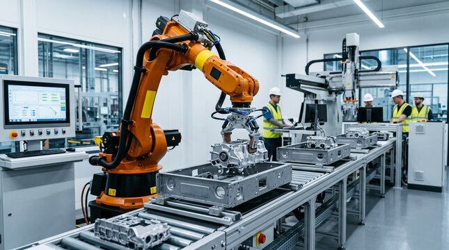 Robotic Arm in Manufacturing Facility: An industrial robotic arm precisely manipulates metal components on an automated assembly line within a modern manufacturing plant.