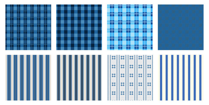 Blue Plaid and Vertical Striped Seamless Patterns Set