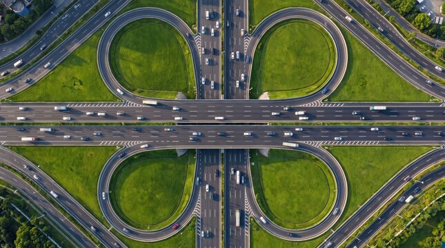 Stunning high-angle aerial drone view looking straight down at a complex cloverleaf highway interchange with heavy traffic flowing smoothly on multi-lane asphalt roads surrounded by lush gre