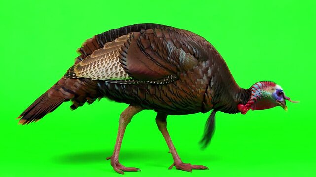 Wild turkey walking and pecking on green screen background with chroma key for video editing and post production