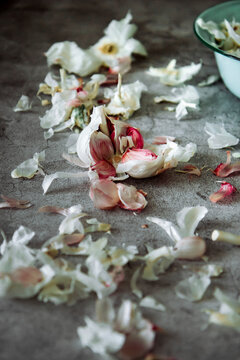 Split garlic bulb with peeled cloves and scattered garlic peel
