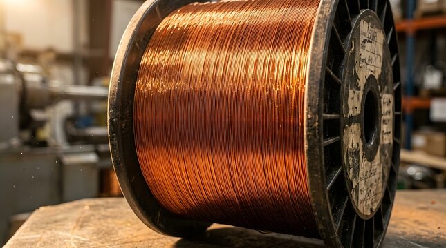 Large industrial spool wound tightly with bright orange copper wire sitting inside bustling manufacturing workshop environment